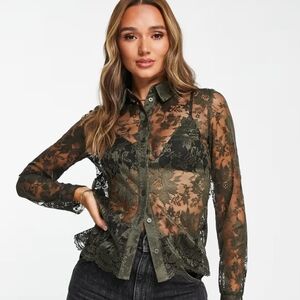 Topshop sheer lace shirt, green, size 6